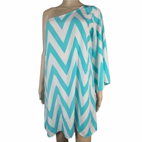 MINT OFF THE SHOULDER CHEVRON DRESS - Picture 1 of 9